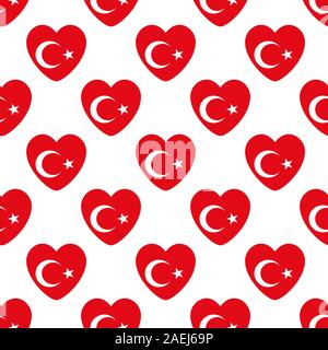 Turkey flag heart shape seamless pattern vector white background. Perfect for backgrounds, backdrop, poster, banner, wallpaper, sticker etc. Stock Vector