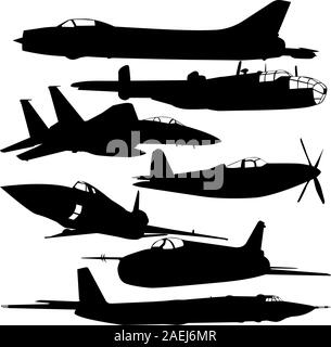 Collection of different combat aircraft silhouettes.  vector illustration for designers Stock Vector