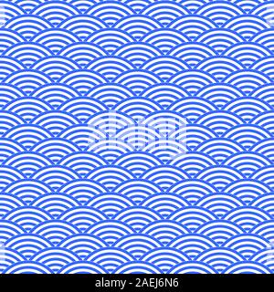 Deep blue line wave on a white background. Seamless pattern of sea waves. Color vector illustration. Stock Vector