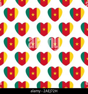 Cameroon flag heart shape seamless pattern vector illustration. Perfect for backgrounds, wallpaper and backdrop. Stock Vector
