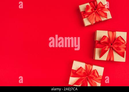 Frame of cardboard gift boxes with bows. Stock Photo