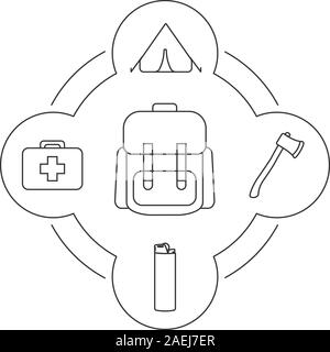 Tourist's backpack contents linear icons set. Tent, axe, lighter, first aid kit. Isolated vector illustrations Stock Vector