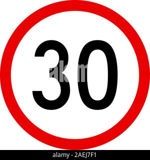 Traffic sign drive speed limit 30 vector illustration background. Red circle sign specified on board is to avoid panel action and accidents. Stock Vector
