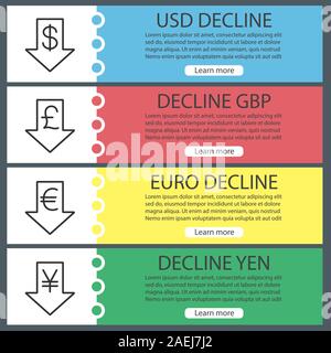 Currencies rate fall web banner templates set. Decline us dollar, euro, gbp, yen. Website color menu items with linear icons. Vector headers design co Stock Vector