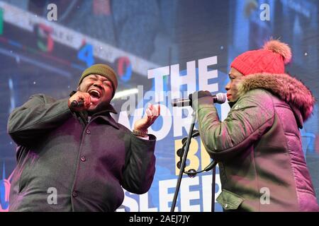 Michael Trotter and Tanya Trotter of The War and Treaty perform live on stage during The World's Big Sleep Out at Times Square in New York City. Stock Photo