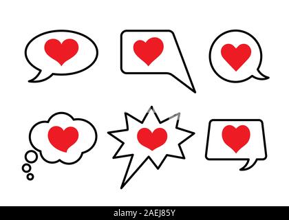 Set of heart symbols in speech bubbles. Communication, social media, like design elements. Love symbols. Stock Vector
