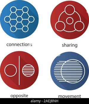 Abstract symbols flat linear long shadow icons set. Sharing, connections, opposite, movement concepts. Vector outline illustration Stock Vector