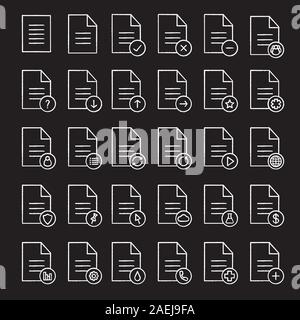Documents chalk icons set. Statistics, medical insurance and test, contract, approved document. Send, pin, upload, download file. Isolated vector chal Stock Vector