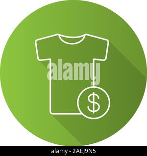 Buy clothes flat linear long shadow icon. T-shirt with dollar sign. Vector outline symbol Stock Vector