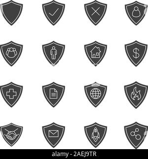 Protection shields glyph icons set. Silhouette symbols. Email, people, house, internet network and connection, money security. Vector isolated illustr Stock Vector