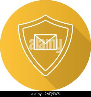 Email security flat linear long shadow icon. Sms message inside protection shield. Spam filter protection. Vector outline symbol Stock Vector