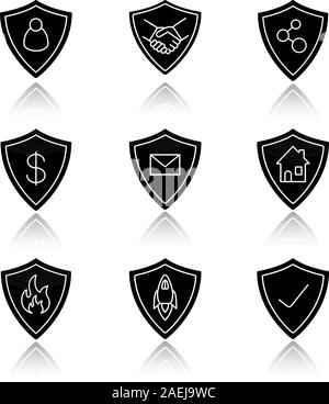 Protection shields drop shadow black glyph icons set. Safe bargain, firefighters badge, money, real estate, email, connection security. Isolated vecto Stock Vector