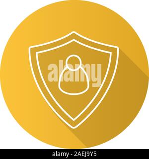 User security flat linear long shadow icon. Protection shield with man figure. Vector outline symbol Stock Vector