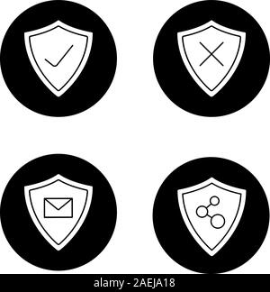 Protection shields glyph icons set. Email and network connection security. Approved and denied protection. Vector white silhouettes illustrations in b Stock Vector