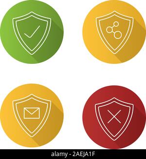 Protection shields flat linear long shadow icons set. Email and network connection security. Approved and denied protection. Vector outline illustrati Stock Vector