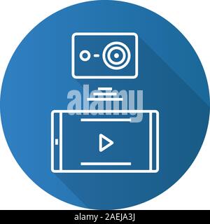 Action camera to smartphone wireless wifi connection. Flat linear long shadow icon. Vector outline symbol Stock Vector