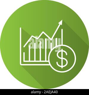 Market growth chart flat linear long shadow icon. Statistics diagram with dollar sign. Vector outline symbol Stock Vector