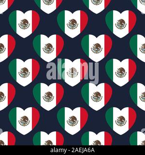 Mexico flag heart shape seamless pattern vector background. Stock Vector
