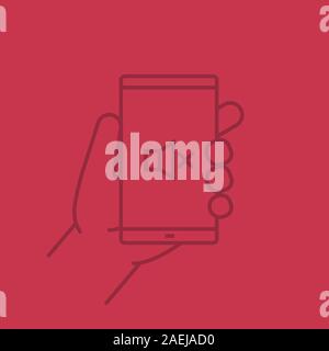 Hand holding smartphone color linear icon. Smart phone sound off. Thin line outline symbols on color background. Vector illustration Stock Vector