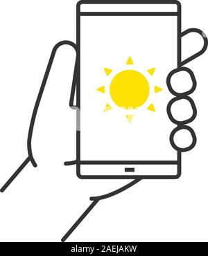 Hand holding smartphone linear icon. Thin line illustration. Smart phone solar charging contour symbol. Vector isolated outline drawing Stock Vector