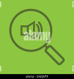 Magnifying glass with loudspeaker color linear icon. Sound on. Music search. Thin line contour symbols on color background. Vector illustration Stock Vector