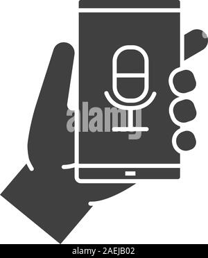 Hand holding smartphone glyph icon. Silhouette symbol. Smartphone voice recorder. Negative space. Vector isolated illustration Stock Vector