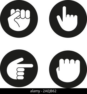 Hand gestures glyph icons set. Squeezed and raised fists, hands pointing right and up. Vector white silhouettes illustrations in black circles Stock Vector