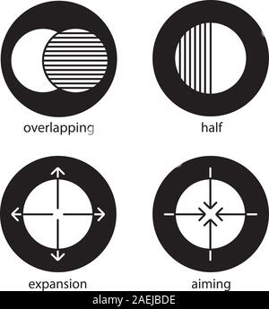 Abstract symbols glyph icons set. Overlapping, half, aiming, expansion concepts. Vector white silhouettes illustrations in black circles Stock Vector