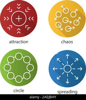 Abstract symbols flat linear long shadow icons set. Attraction, chaos, circle, spreading concepts. Vector outline illustration Stock Vector