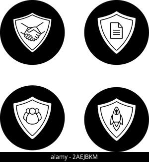 Protection shields glyph icons set. Safe bargain, personal documents, startup projects, people protection. Vector white silhouettes illustrations in b Stock Vector