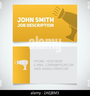 Business card print template with hair dryer logo. Hairdresser. Stylist. Stationery design concept. Vector illustration Stock Vector