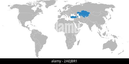 Turkic Council countries highlighted in world map vector illustration. Member countries are Azerbaijan, Kazakhstan, Kyrgyzstan, Uzbekistan and Turkey. Stock Vector