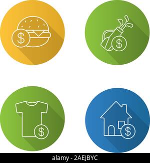 Services flat linear long shadow icons set. Buy food, sport equipment, clothes, real estate. Vector line illustration Stock Vector