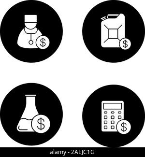 Services icons set. Petrol trade, research price, doctor service, financial planning. Vector white silhouettes illustrations in black circles Stock Vector