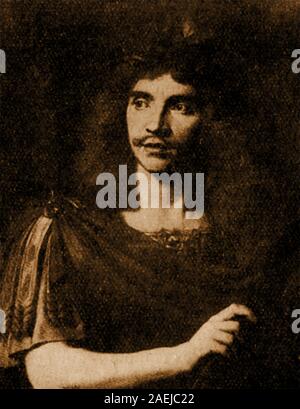 A 1912 printed  French portrait of  Moliere (Jean-Baptiste Poquelin 1622-1673),  French playwright, actor, satirist  and poet, in the role of Caesar in 'The Death of Pompey' (La Mort de Pompée) , a tragedy by   Pierre Corneille on the death of Pompey the Great  first performed in 1642, with Julius Caesar played by Molière Stock Photo