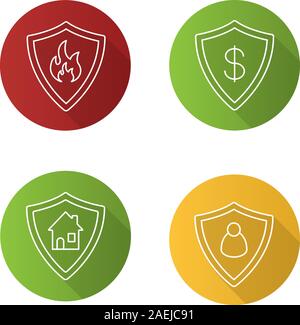 Protection shields flat linear long shadow icons set. Bank account, real estate, personal security. Firefighters badge. Vector outline illustration Stock Vector