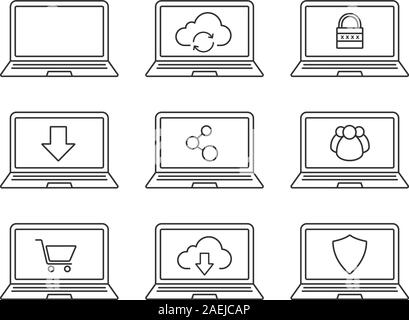 Laptops linear icons set. Notebook cloud computing, security, user group, shopping, network connection, downloads. Thin line contour symbols. Isolated Stock Vector