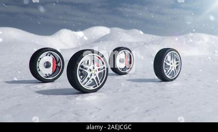Winter tires on a background of snowstorm, snowfall and slippery winter road. Winter tires concept. Concept tyres, winter tread. Wheel replacement Stock Photo