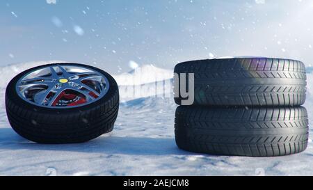 Winter tires on a background of snowstorm, snowfall and slippery winter road. Winter tires concept. Concept tyres, winter tread. Wheel replacement Stock Photo