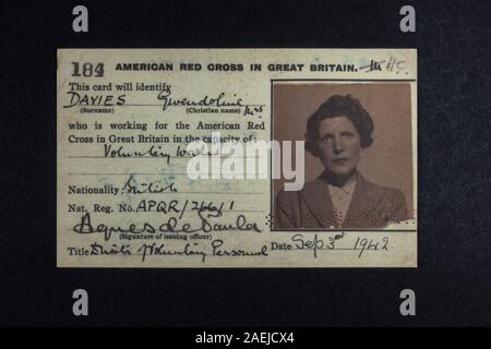 American Red Cross in Great Britain identity card: World War II replica memorabilia relating to Americans ('Yanks') being in the UK. Stock Photo