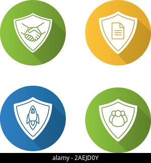 Protection shields flat design long shadow icons set. Safe bargain, personal documents, startup projects, people protection. Vector silhouette illustr Stock Vector