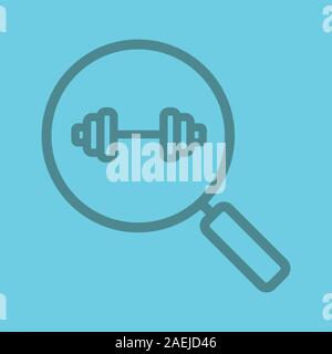 Gym search color linear icon. Magnifying glass with gym barbell. Fitness center nearby. Thin line contour symbols on color background. Vector illustra Stock Vector