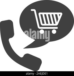Goods phone order glyph icon. Silhouette symbol. Shopping by phone. Handset with shopping cart inside speech bubble. Supermarket products delivery. Ne Stock Vector