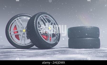 3d illustration Winter tires on a with falling snow background of snow storm, snowfall and slippery winter road. Winter tires concept. Concept tyres Stock Photo