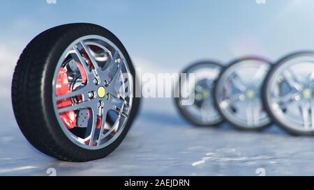 Winter tires on a background of snowstorm, snowfall and slippery winter road. Winter tires concept. Concept tyres, winter tread. Wheel replacement Stock Photo