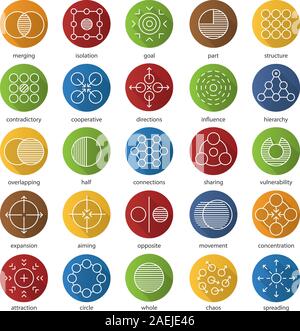 Abstract symbols flat linear long shadow icons set. Logo ideas for business, science, IT industries. Aiming, sharing, spreading, hierarchy, isolation, Stock Vector