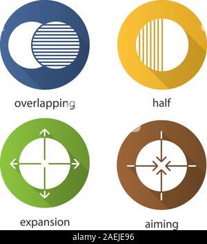 Abstract symbols flat design long shadow glyph icons set. Overlapping, half, aiming, expansion concepts. Vector silhouette illustration Stock Vector