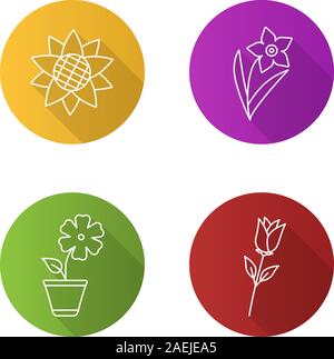 Flowers flat linear long shadow icons set. Sunflower head, narcissus, hibiscus, rose. Vector outline illustration Stock Vector