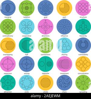 Abstract symbols linear icons set. Logo ideas for business, science, IT industries. Half, goal, movement, concentration, spreading. Thin line outline Stock Vector