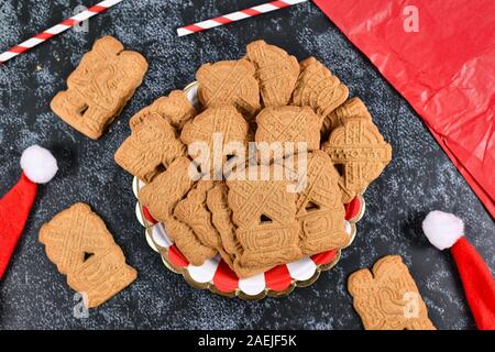 'Speculaas' or 'speculoos', a spiced thin, crunchy and caramelizedand shortcrust biscuit with figure stamped on the front side Stock Photo